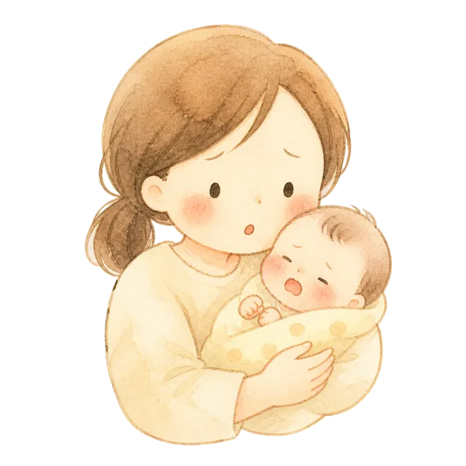 赤ちゃんを抱きながら不安そうな母親