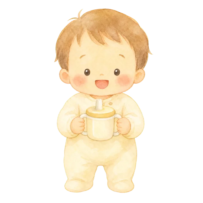 コップで飲み物を飲む幼児と母親